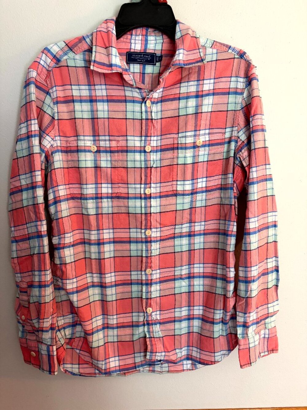 Vineyard Vines Flannel Shirt Men Size Small Plaid Pink Blue Long Sleeve